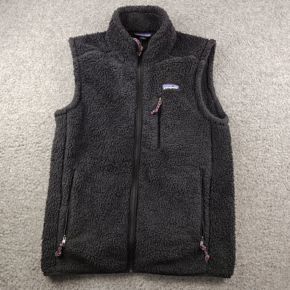 Patagonia Vest Mens Small Retro Pile Fleece Black Full Zip Sleeveless EUC